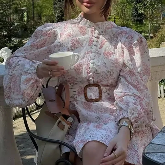Printed Belt Women' Dresses Stand CollarSingle Breasted Puff Sleeve Mini Dress